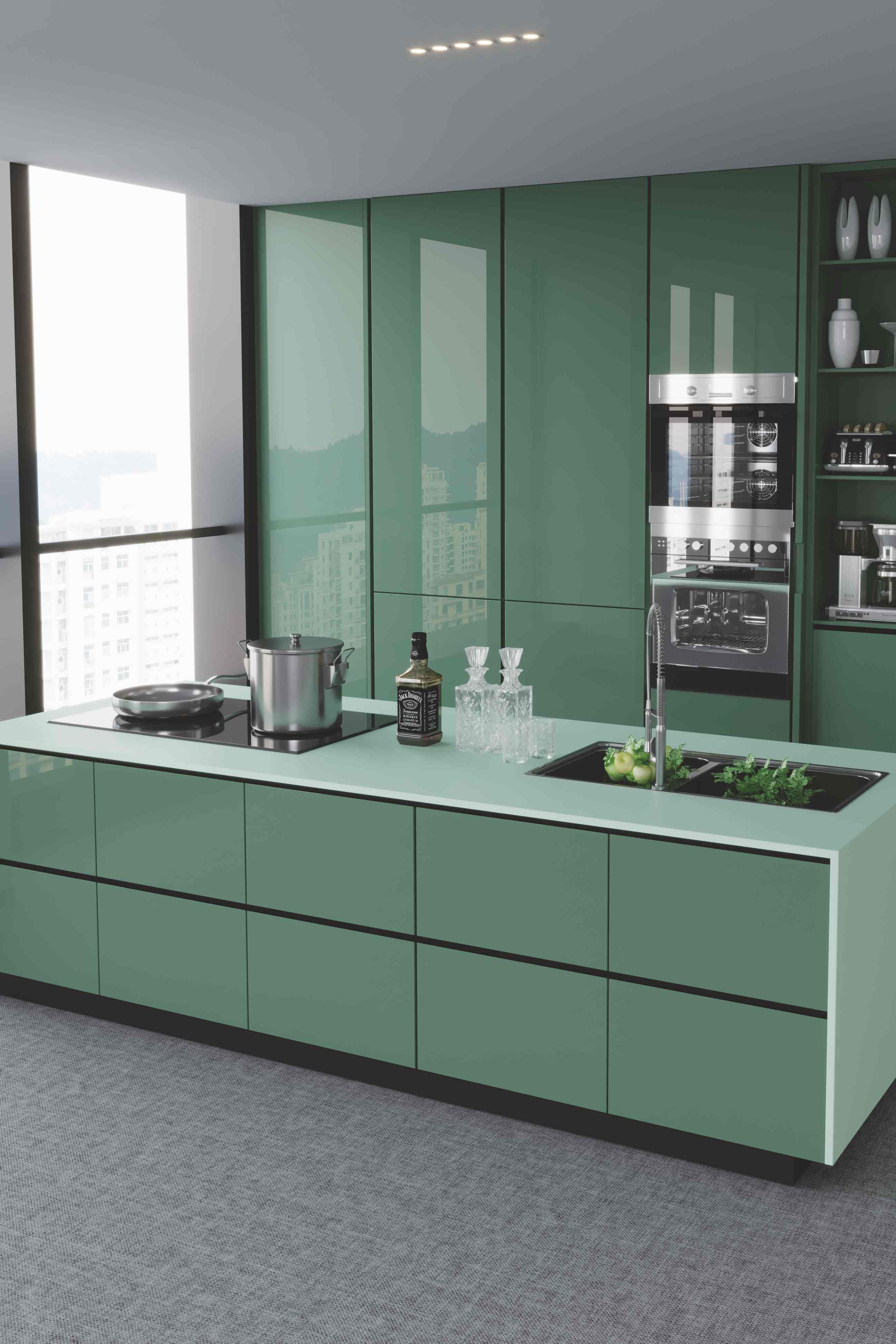 Green gloss kitchen from the ALIMO Luxury Acrylic catalogue