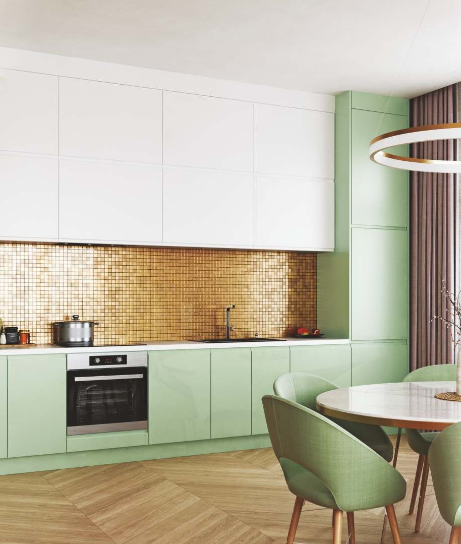 Mint and white kitchen from the Genoa Acrynova catalogue