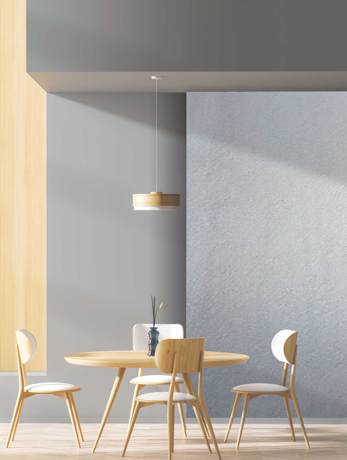 Dining area with a stone-look wall from the Javaline Textile Beauty catalogue